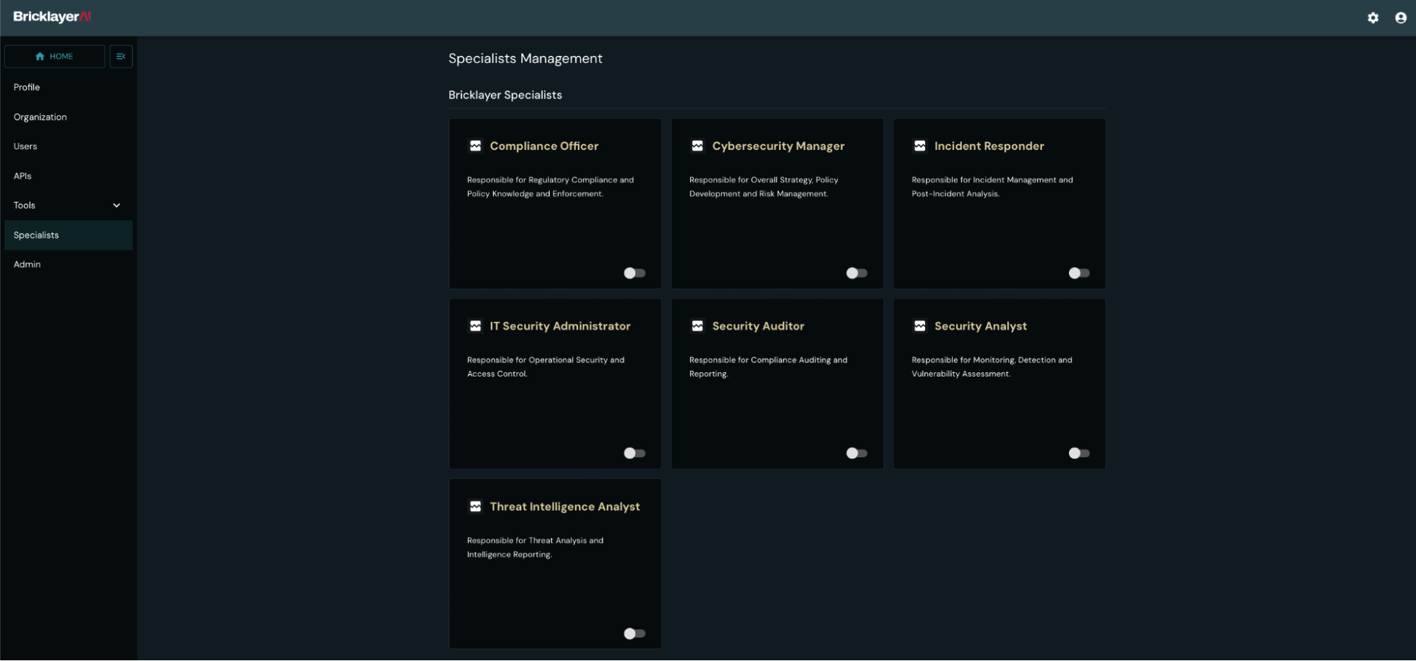 A Screenshot of the Specialists configuration area in Bricklayer.AI's platform